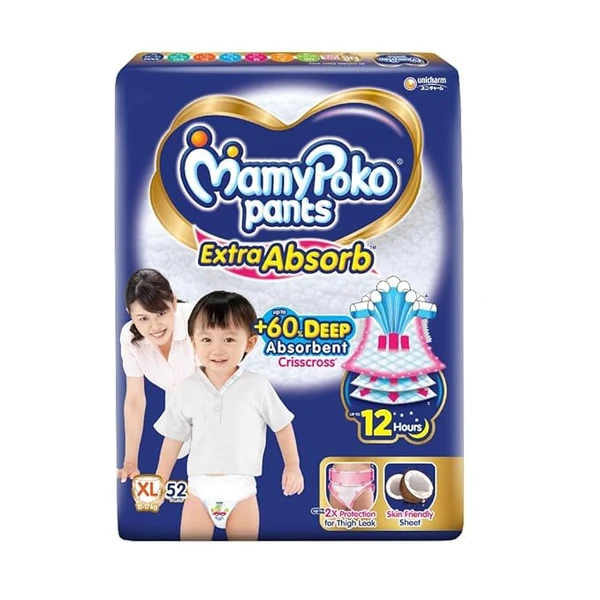 MamyPoko Pants Extra Absorb Baby Diapers, X-Large (XL), 52 Count, 12-17kg