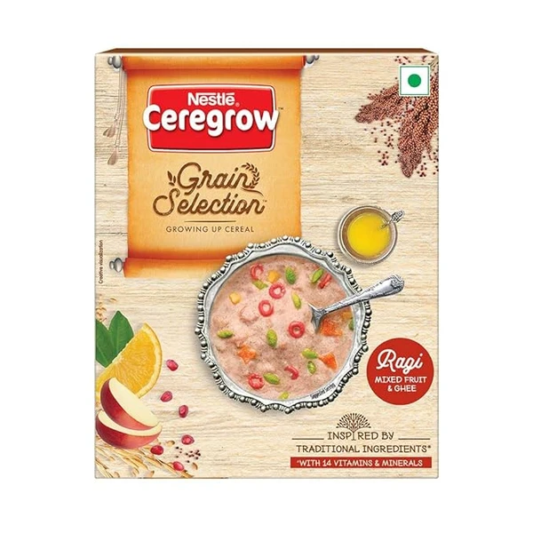 NESTL� CEREGROW Grain Selection (Ragi Mixed Fruit & Ghee)| Ragi, Wheat, Milk, and Ghee|Traditional Nutrient-Rich Bowl|Kids Cereal| 14 Nutrients For Growth|NO Added Colors or Flavors|300g