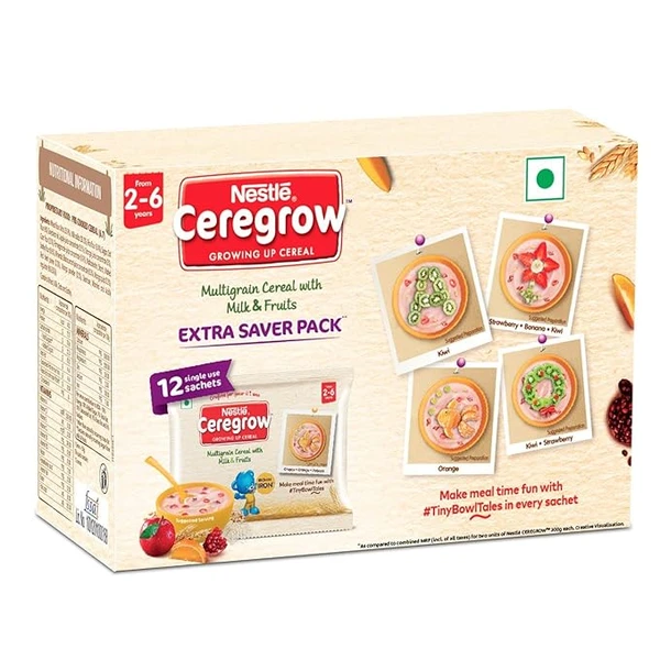 NESTL� CEREGROW KIDS Cereal- Multigrain,Milk & Fruits|Nutrient-Rich Tasty Breakfast | Rich in Iron ,Calcium &Protein| NO Added Colors or Flavors |16 Nutrients for Growth|MULTIPACK (12 Units, 50g Each)|600g