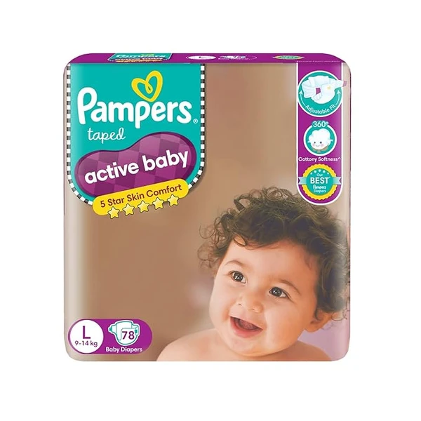Pampers Active Baby Tape Style Diapers, Large (L) Size, 78 Count, Adjustable Fit with 5 star skin protection, 9-14kg Diapers