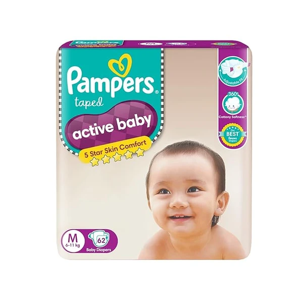 Pampers Active Baby Tape Style Diapers, Medium (M) Size, 62 Count, Adjustable Fit with 5 star skin protection, 6-11kg Diapers