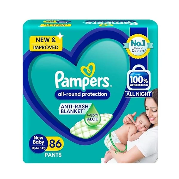 Pampers All round Protection Pants, New Born/Extra Small (NB/XS) Size, 86 Count, Pant Style Baby Diapers, Anti Rash Blanket, Lotion with Aloe Vera, Up to 5kg Diapers