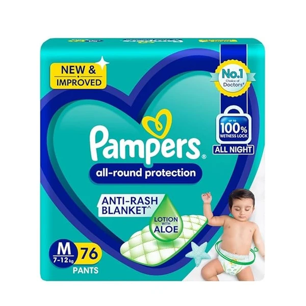 Pampers All round Protection Pants Style Baby Diapers, Medium (M) Size, 76 Count, Anti Rash Blanket, Lotion with Aloe Vera, 7-12kg Diapers