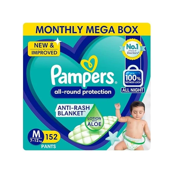 Pampers All round Protection Pants Style Baby Diapers, Medium (M) Size, 152 Count, Anti Rash Blanket, Lotion with Aloe Vera, 7-12kg Diapers