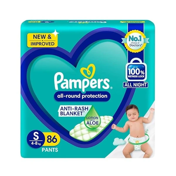 Pampers All round Protection Pants Style Baby Diapers, Small (S) Size, 86 Count, Anti Rash Blanket, Lotion with Aloe Vera, 4-8kg Diapers