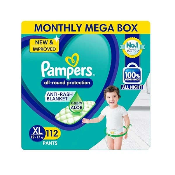 Pampers All round Protection Pants Style Baby Diapers, X-Large (XL) Size, 112 Count, Anti Rash Blanket, Lotion with Aloe Vera, 12-17kg Diapers