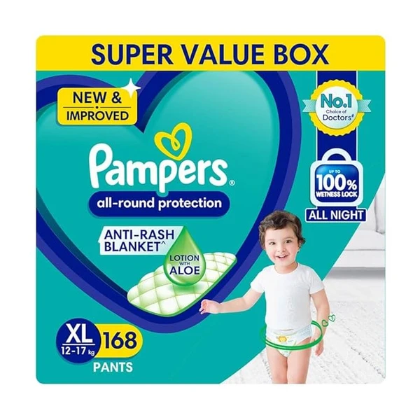Pampers All round Protection Pants Style Baby Diapers, X-Large (XL) Size, 168 Count, Anti Rash Blanket, Lotion with Aloe Vera, 12-17kg Diapers