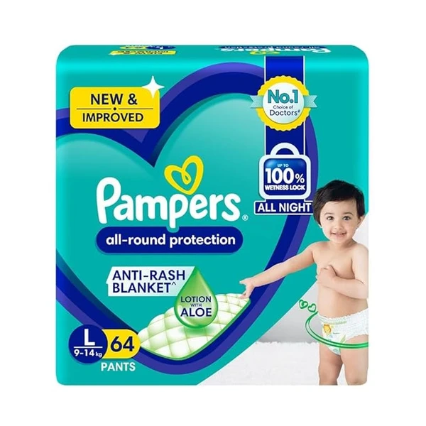 Pampers All round Protection Pants Style Baby Diapers, Large (L) Size, 64 Count, Anti Rash Blanket, Lotion with Aloe Vera, 9-14kg Diapers