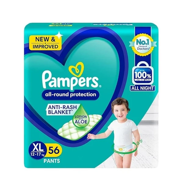 Pampers All round Protection Pants Style Baby Diapers, X-Large (XL) Size, 56 Count, Anti Rash Blanket, Lotion with Aloe Vera, 12-17kg Diapers