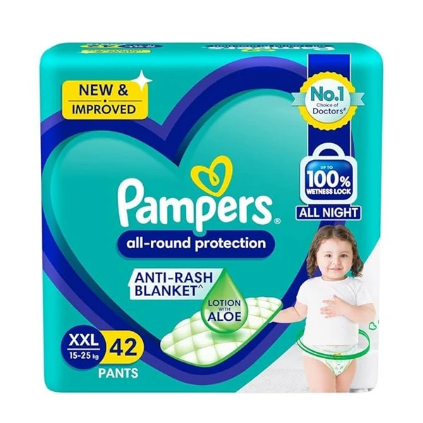 Pampers All round Protection Pants Style Baby Diapers, XX-large (XXL) Size, 42 Count, Anti Rash Blanket, Lotion with Aloe Vera, 15-25kg Diapers