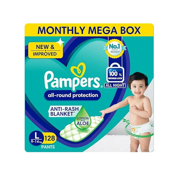 Pampers All round Protection Pants Style Baby Diapers, Large (L) Size, 128 Count, Anti Rash Blanket, Lotion with Aloe Vera, 9-14kg Diapers