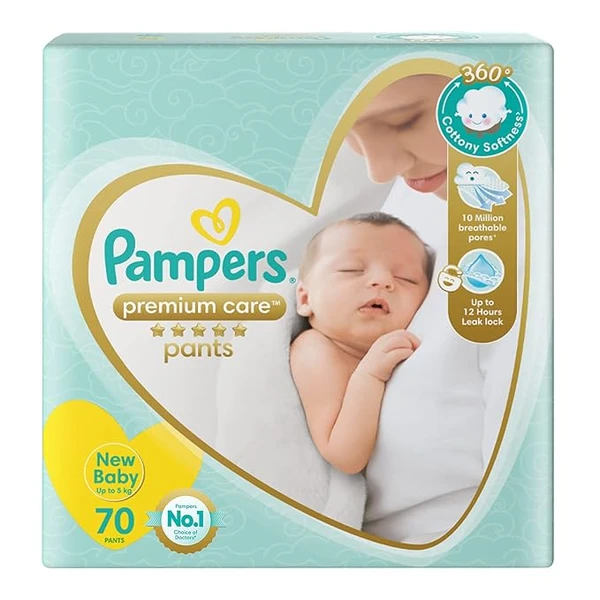 Pampers Premium Care Pants, New Born/Extra Small (NB/XS) Size, 70 Count, Pant Style Baby Diapers, All-in-1 Diapers with 360 Cottony Softness, Up to 5kg Diapers