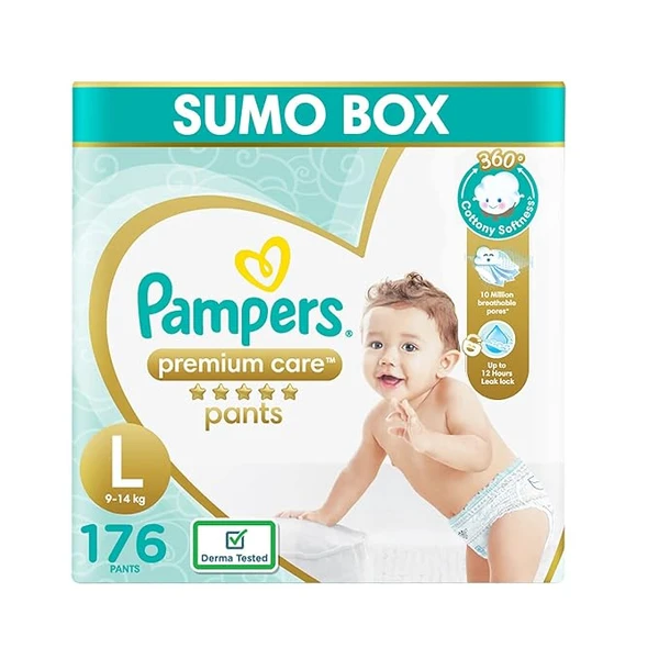 Pampers Premium Care Pants Style Baby Diapers, Large (L) Size, 176 Count, All-in-1 Diapers with 360 Cottony Softness, 9-14kg Diapers