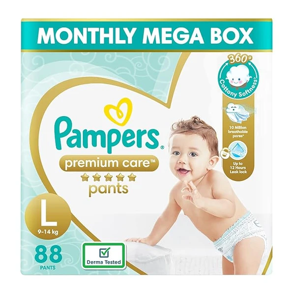 Pampers Premium Care Pants Style Baby Diapers, Large (L) Size, 88 Count, All-in-1 Diapers with 360 Cottony Softness, 9-14kg Diapers