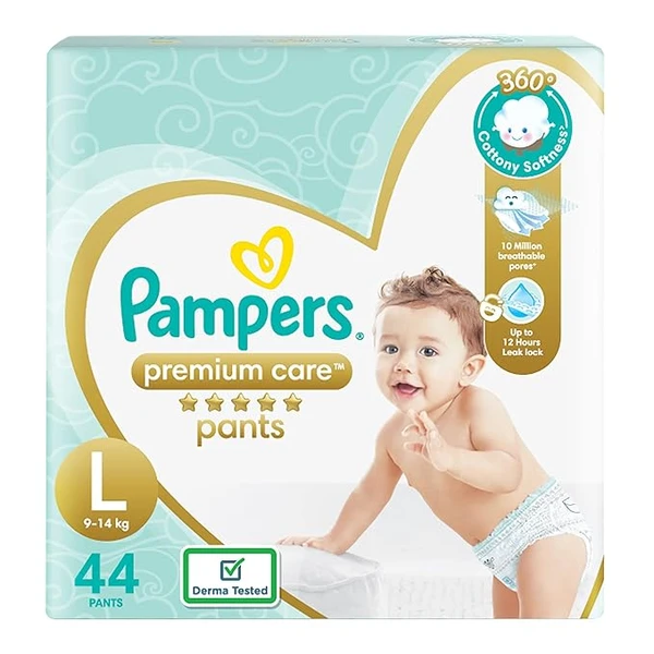 Pampers Premium Care Pants Style Baby Diapers, Large (L) Size, 44 Count, All-in-1 Diapers with 360 Cottony Softness, 9-14kg Diapers