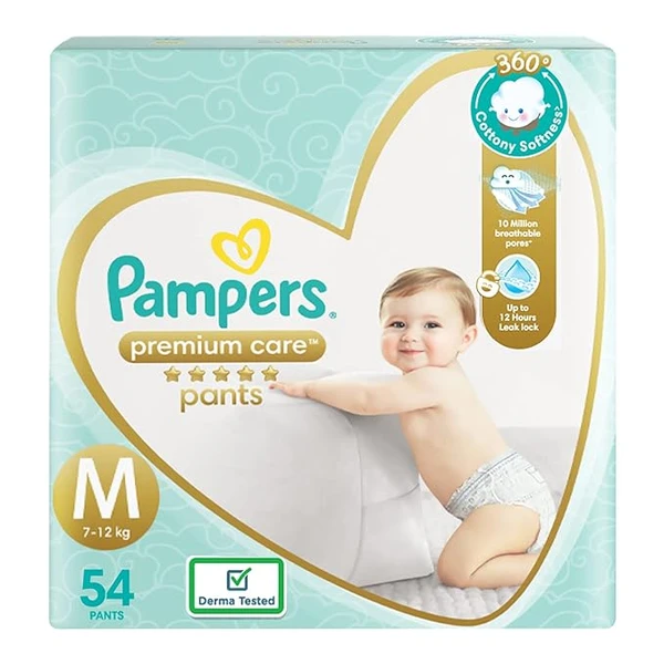 Pampers Premium Care Pants Style Baby Diapers, Medium (M) Size, 54 Count, All-in-1 Diapers with 360 Cottony Softness, 7-12kg Diapers