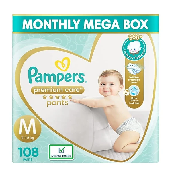 Pampers Premium Care Pants Style Baby Diapers, Medium (M) Size, 108 Count, All-in-1 Diapers with 360 Cottony Softness, 7-12kg Diapers