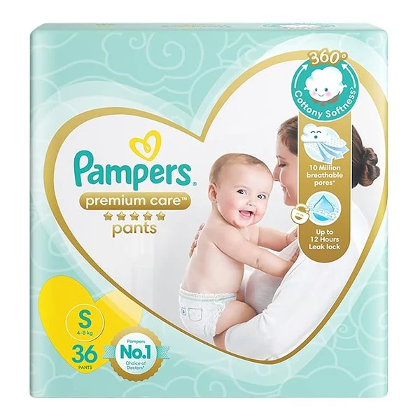 Pampers Premium Care Pants Style Baby Diapers, Small (S) Size, 36 Count, All-in-1 Diapers with 360 Cottony Softness, 4-8kg Diapers