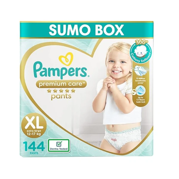 Pampers Premium Care Pants Style Baby Diapers, X-Large (XL) Size, 144 Count, All-in-1 Diapers with 360 Cottony Softness, 12-17kg Diapers