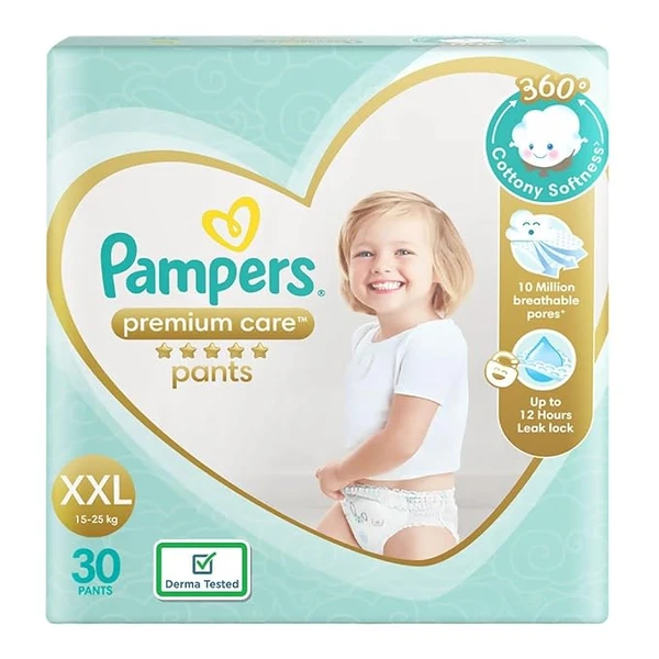 Pampers Premium Care Pants Style Baby Diapers, XX-Large (XXL) Size, 30 Count, All-in-1 Diapers with 360 Cottony Softness, 15-25kg Diapers