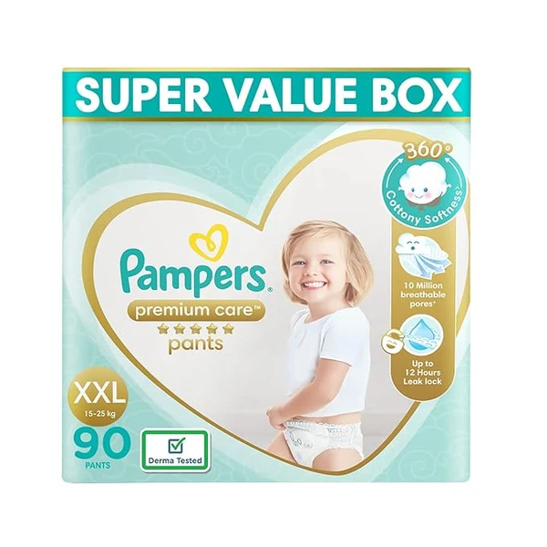 Pampers Premium Care Pants Style Baby Diapers, XX-Large (XXL) Size, 90 Count, All-in-1 Diapers with 360 Cottony Softness, 15-25kg Diapers