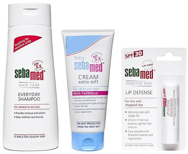 SebaMed Everyday Shampoo, 200ml & SPF 30 Lip Defense Stick, 4.8g & Baby Cream, Extra Soft, 200ml