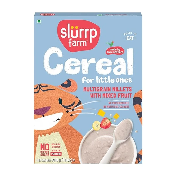 Slurrp Farm Multigrain Millets Cereal with Ragi, Strawberry and Rice Crispies, Instant Cereal for Growing Little Ones, No Refined Sugar, 300g