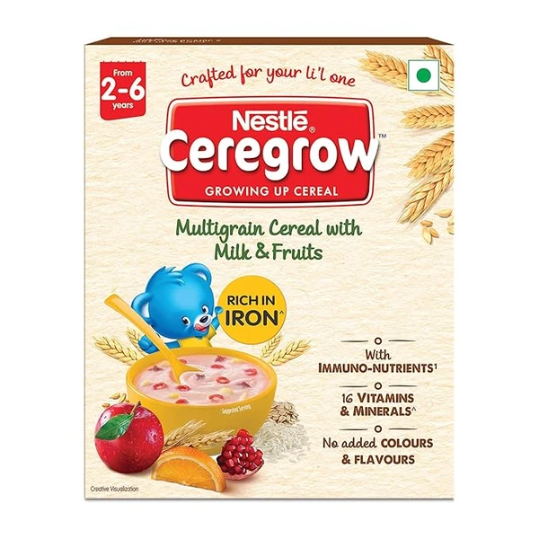 NESTL� CEREGROW Kids Cereal-Multigrain,Milk &Fruits|Rich in Iron, Calcium & Protein|Nutrient-Rich Tasty Breakfast |NO Added Colors or Flavors|16 Nutrients for Growth |300g