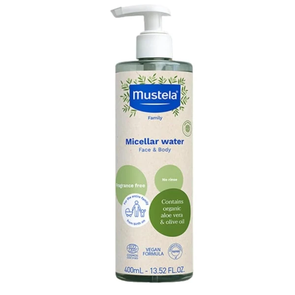 Mustela Baby Organic Micellar Cleansing Water - No-Rinse Natural Water Cleanser with Olive Oil & Aloe Vera - Fragrance Free, Vegan & EWG Verified - 13.52 fl. oz. 