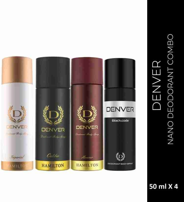 Denver Black code, Caliber, Honour & Imperil Neno Deo Long Lasting, Set Of 4 ( 200ml, Pack Of 4)
