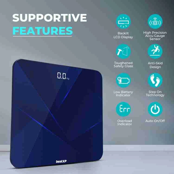 Gravity Prism Digital Weight Machine with Thick Tempered Glass & LCD Display Weighing Scale (Dark Blue) - Cornflower Blue