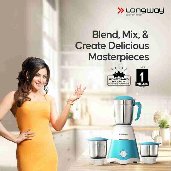 Longway - Super Dlx 700 W Mixer Grinder (3 Jars, White & Blue) - Black