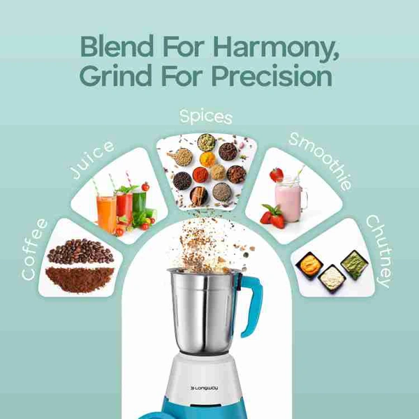 Longway - Super Dlx 700 W Mixer Grinder (3 Jars, White & Blue) - Black