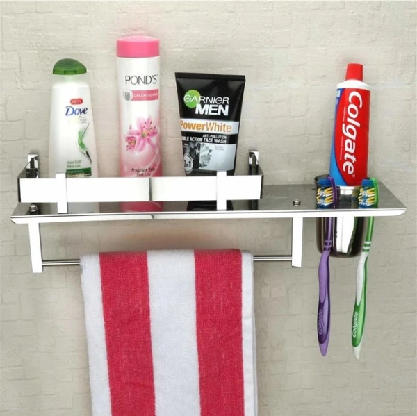 Sant Krupa Steel  Stainless Steel 3 in1 Multipurpose Bathroom Shelf/Rack  Tumbler Holder/ Towel Hanger_