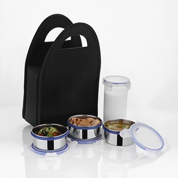 COMPACT STAINLESS STEEL AIRTIGHT LUNCH BOX SET - 4 PCS (3 LEAKPROOF CONTAINERS AND 1 BOTTLE)