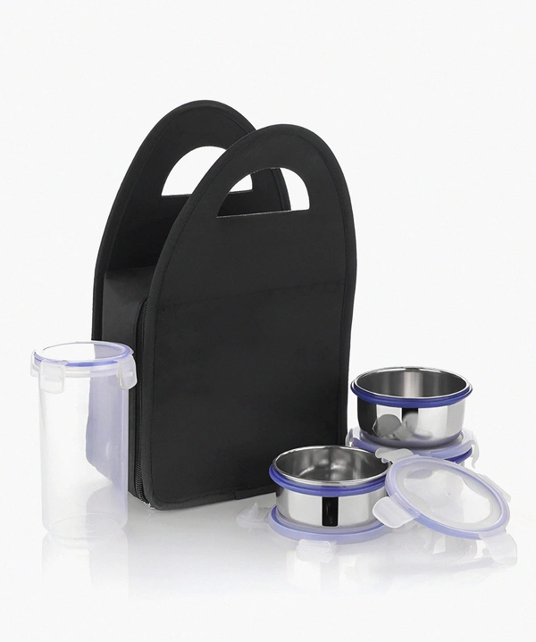 COMPACT STAINLESS STEEL AIRTIGHT LUNCH BOX SET - 4 PCS (3 LEAKPROOF CONTAINERS AND 1 BOTTLE)