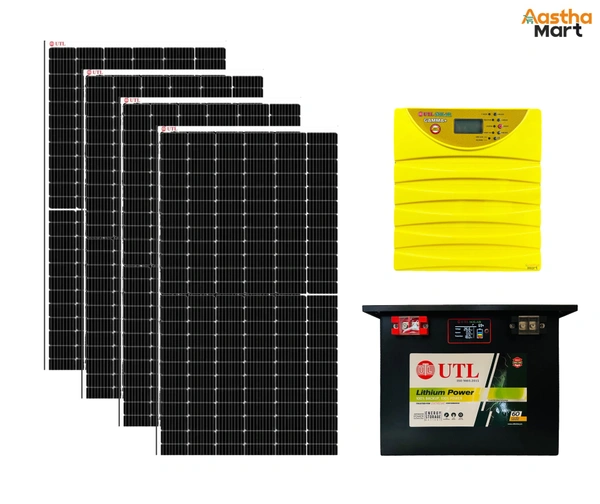 UTL Solar Power Generating System (590W Topcon Bifacial Solar Panel- 4 No., Gamma+ GPP 3350 Li-ion 3KVA 24V MPPT Solar Lithium PCU, UTL 25.6V 100AH Lithium PO4 Battery 