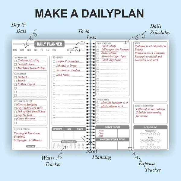 Thinkcraft Daily Planner Undated, Schedule Your Day, Manage to-do List, Goals Tracker, Wellness Tracker