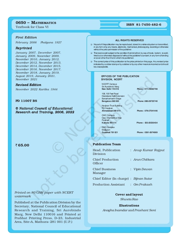 6th Class Rbse/Ncert Mathematics Book 