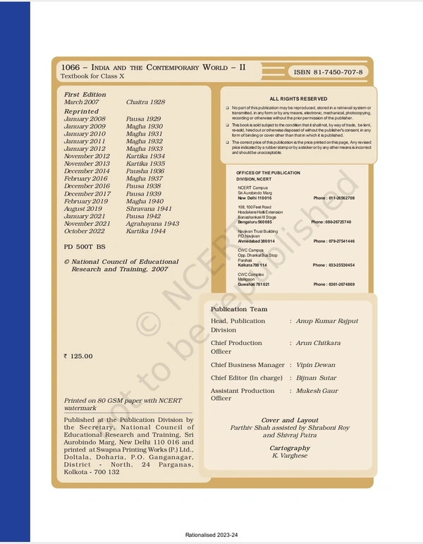 10th Class Rbse/Ncert History Subject book India and the Contemporary World-II (1066)
