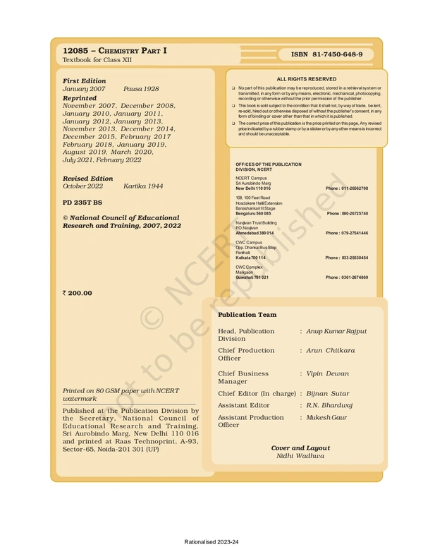 12th Class Rbse/Ncert Chemistry Part-1 book (12085)