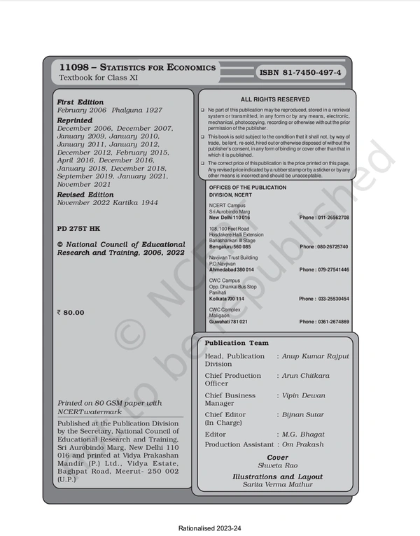 12th Class Rbse/Ncert Economics Subject book Samkalin Statics For Economics (11098)