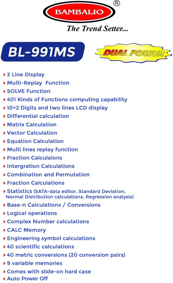 Bambalio BL-991MS 401 Functions and 2 Line LCD Display Scientific Calculator 