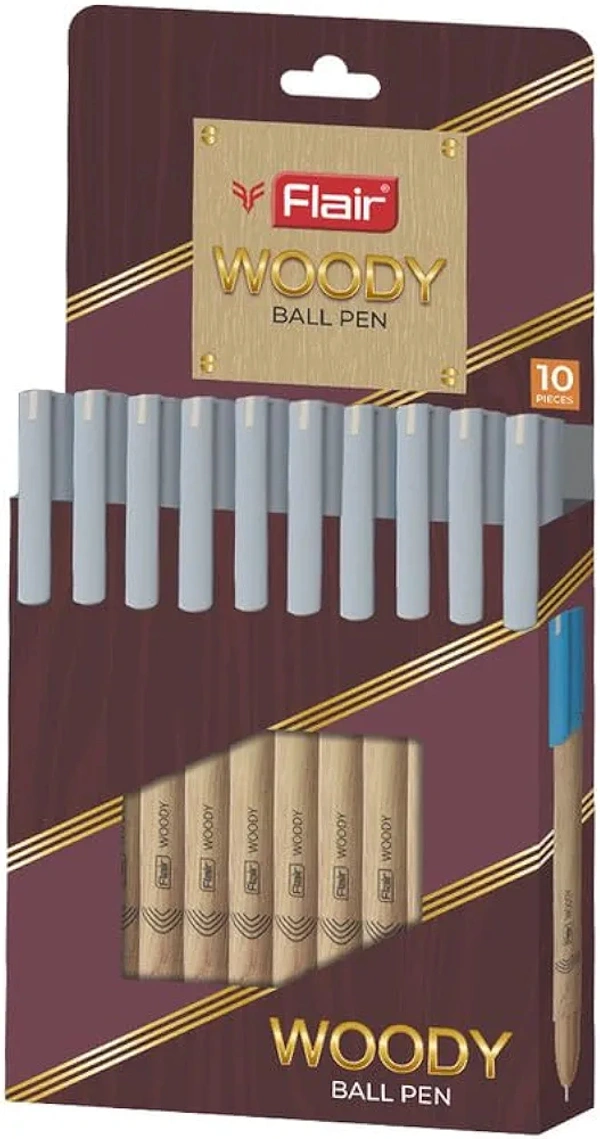 FLAIR Woody Ball Pen Wallet Pack | 0.7 mm Tip Size | Attractive Woody Design | Smooth Ink Flow System With Low-Viscosity Ink | Smudge Free Writing | Blue Ink, Pack of 10 Ball Pens - Black
