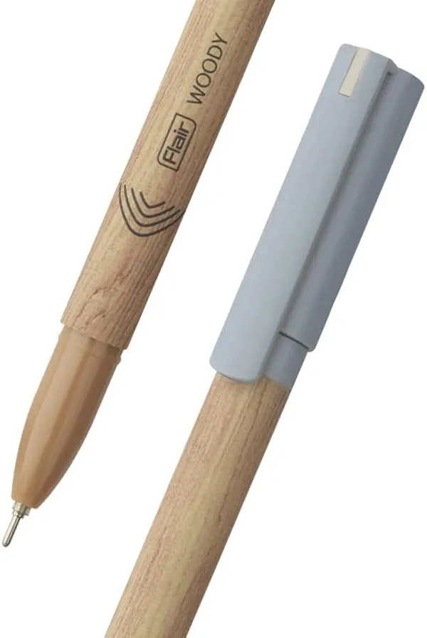 FLAIR Woody Ball Pen Wallet Pack | 0.7 mm Tip Size | Attractive Woody Design | Smooth Ink Flow System With Low-Viscosity Ink | Smudge Free Writing | Blue Ink, Pack of 10 Ball Pens - Black