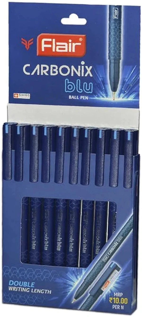 FLAIR Carbonix Blu Ball Pen Wallet Pack | 0.7 mm Tip Size | Low-Viscosity Ink With Double Writing Length | Smudge Free Writing, Attractive Body Graphics | Blue Ink, - Blue