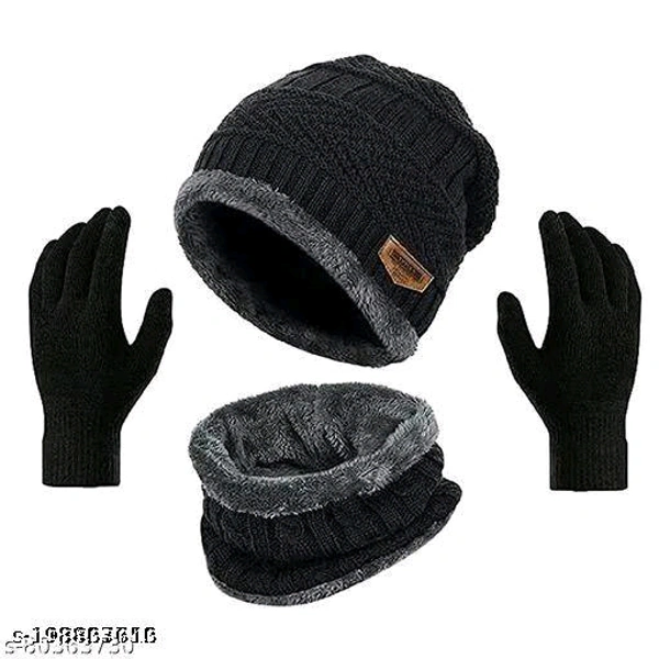 Trendy Winter Black Woolen Beanie Caps and Cotton Glove Set - Free Size