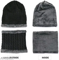 Trendy Winter Black Woolen Beanie Caps and Cotton Glove Set - Free Size