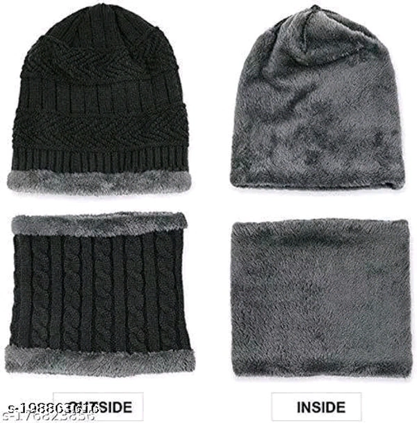 Trendy Winter Black Woolen Beanie Caps and Cotton Glove Set - Free Size