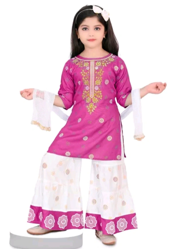 Girls Gold Printed Sharara Kurta Sets  - 2 Years To 10 Years